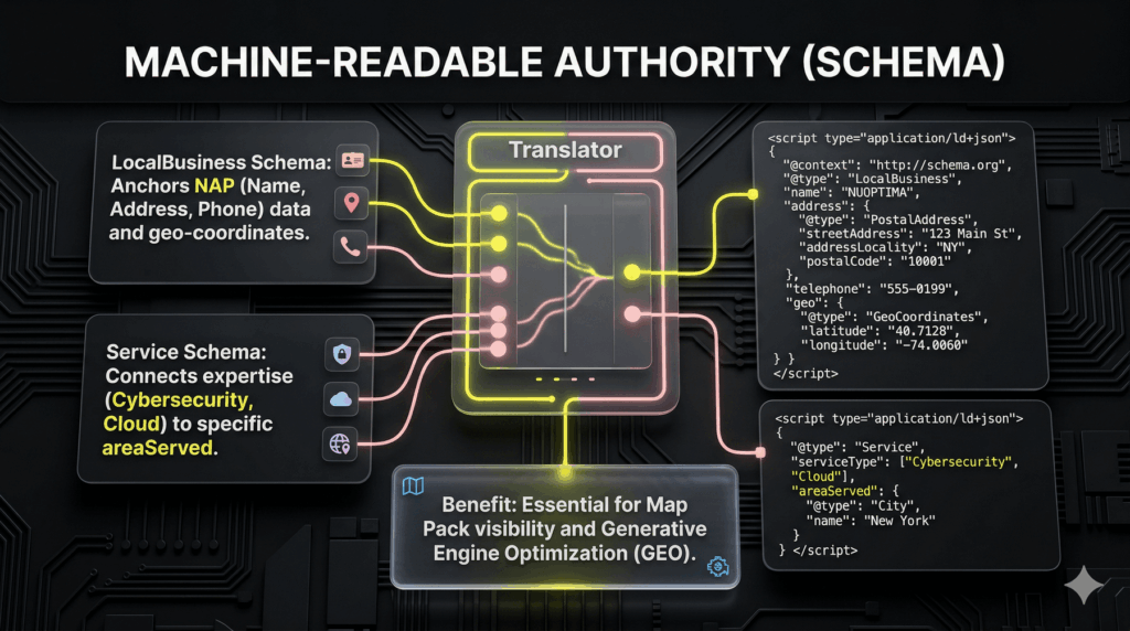 A technical graphic showing how LocalBusiness and Service Schema markup translates MSP website content into structured data for AI and Google Maps.