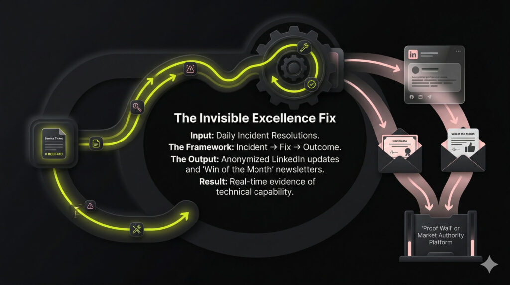 Circular loop diagram showing a service ticket entering a gear and emerging as anonymized LinkedIn social proof and newsletters.