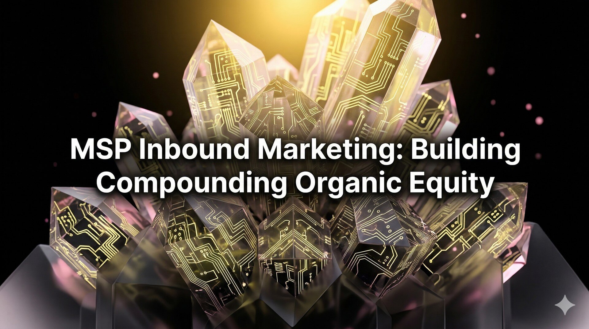 Abstract crystalline formation with etched circuit patterns growing upward into golden light against a dark, professional void.