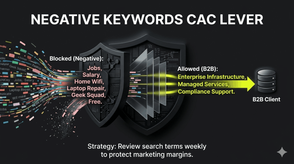 A digital filter blocking residential and job-related keywords while allowing B2B enterprise traffic to pass through.