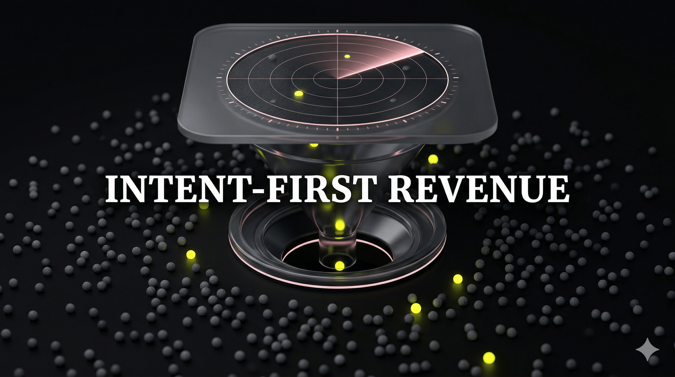 Abstract digital radar scanning a field of data, highlighting high-intent golden points while filtering out grey noise.