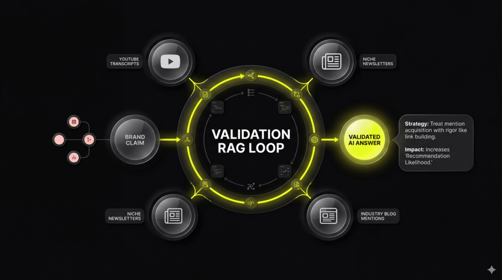 Circular diagram showing how AI models use external YouTube transcripts and industry mentions to validate brand claims.