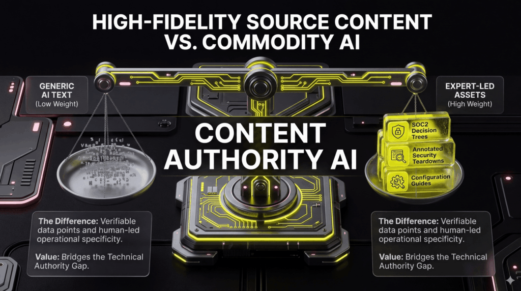 Visual representation of expert-led technical content weighing more than generic AI-generated text in search authority.