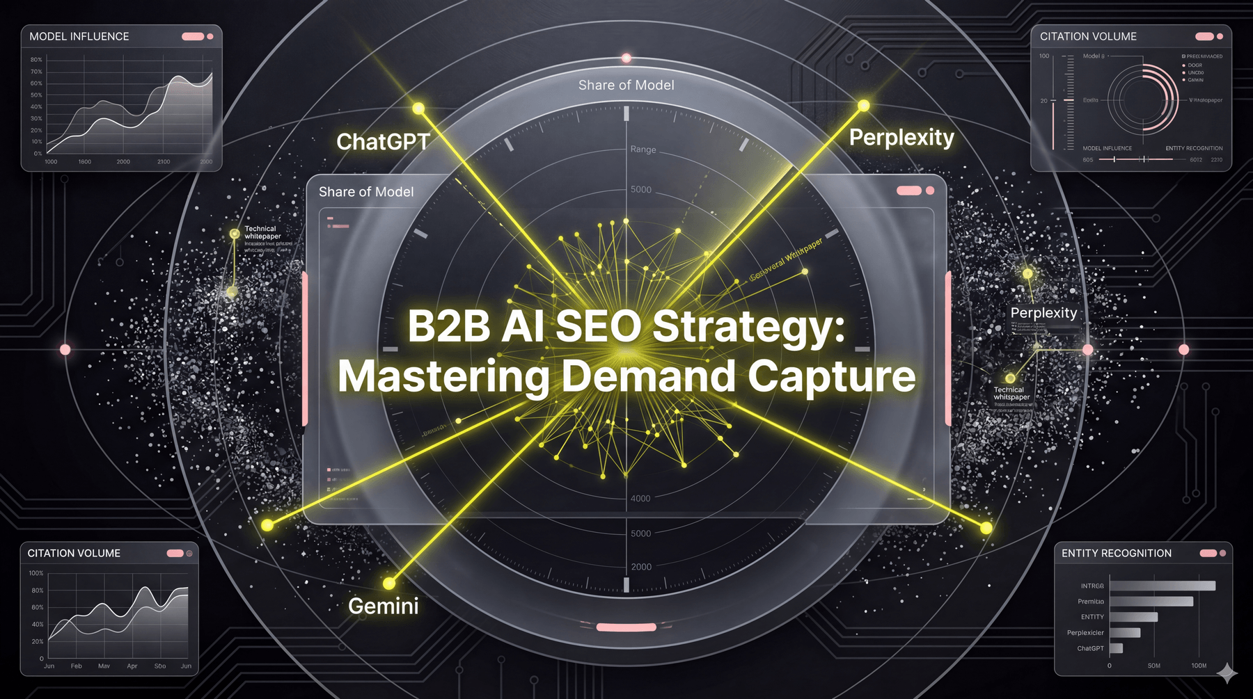 Futuristic digital dashboard showing a brand at the center of a citation web connected to AI models like ChatGPT and Perplexity.
