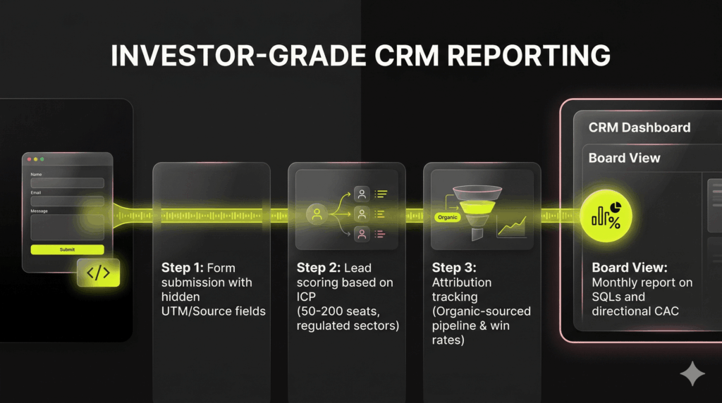 Data flow diagram showing how organic SEO leads are tracked from website forms into CRM dashboards for revenue reporting.