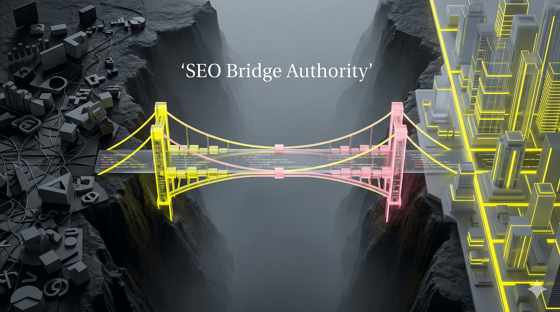 Abstract bridge made of digital data blocks crossing a canyon from generic noise to a glowing high-authority city.