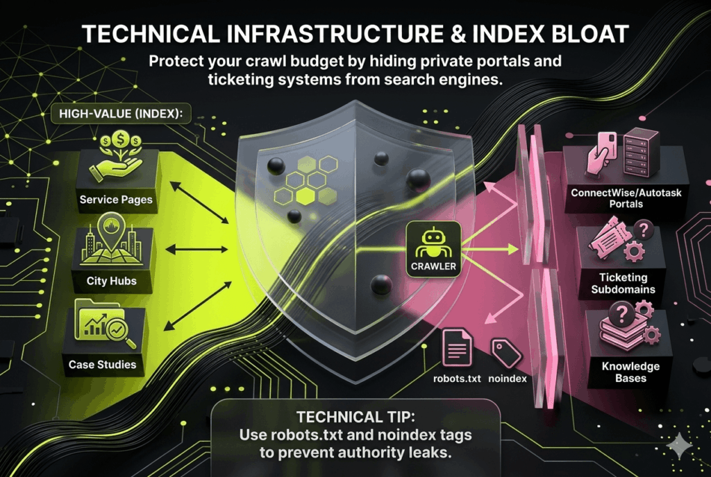 Technical SEO graphic showing a "Noindex" barrier protecting an MSP's crawl budget from support portals and ticketing systems.