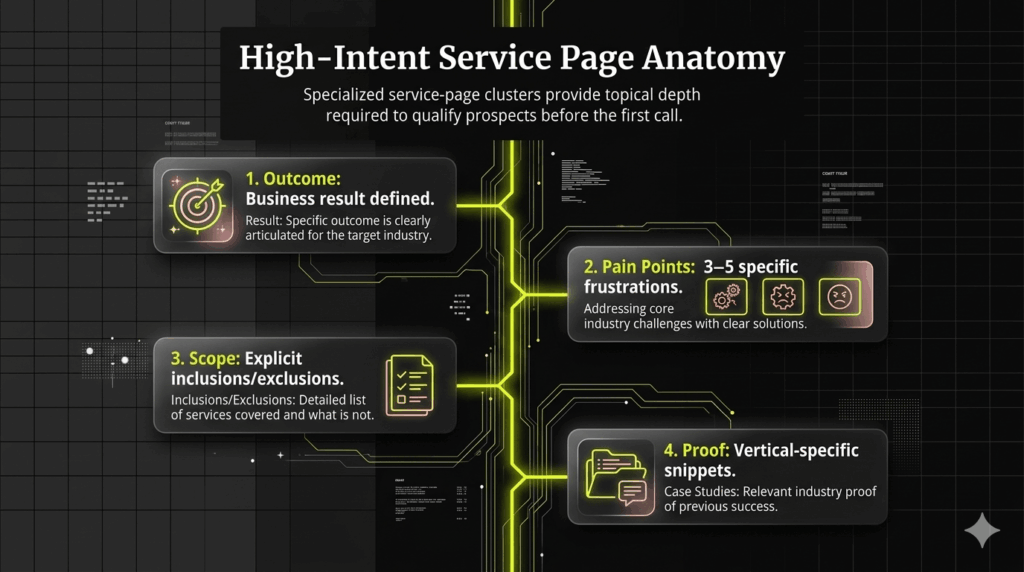 Vertical flow diagram outlining the 5-step structure of a high-converting MSP service page.