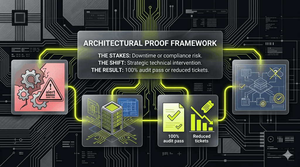 4-step horizontal process map showing a case study journey from risk assessment to quantified results.