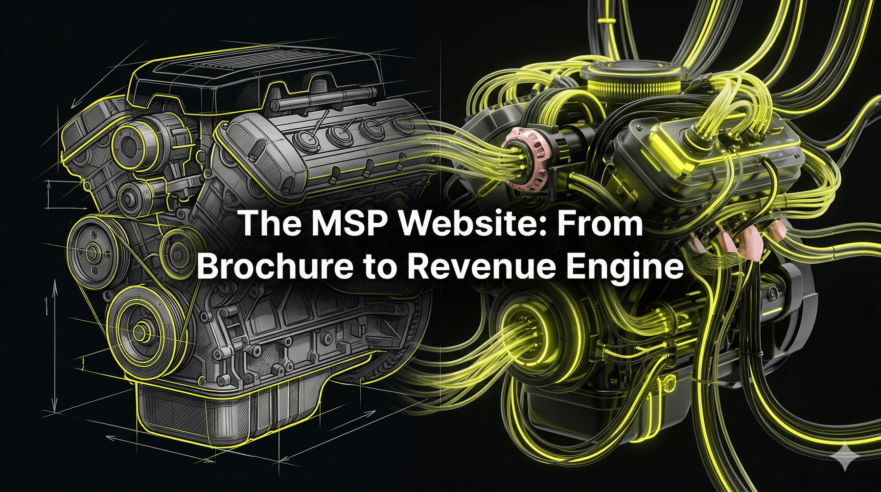 Abstract blueprint of an engine merging into digital data nodes, representing a website's transformation into a revenue machine.