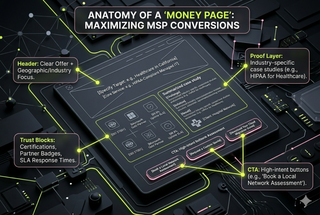Wireframe diagram of a high-converting MSP service page featuring trust badges, industry proof, and SLA details.