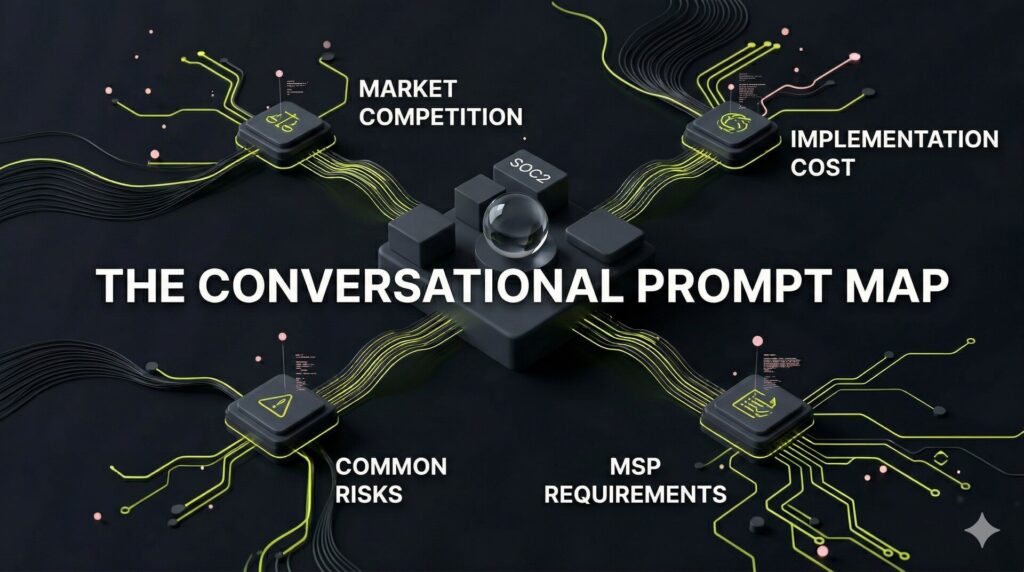 A mind map illustrating the transition from static keywords to natural-language AI prompts like comparisons and risk assessments.