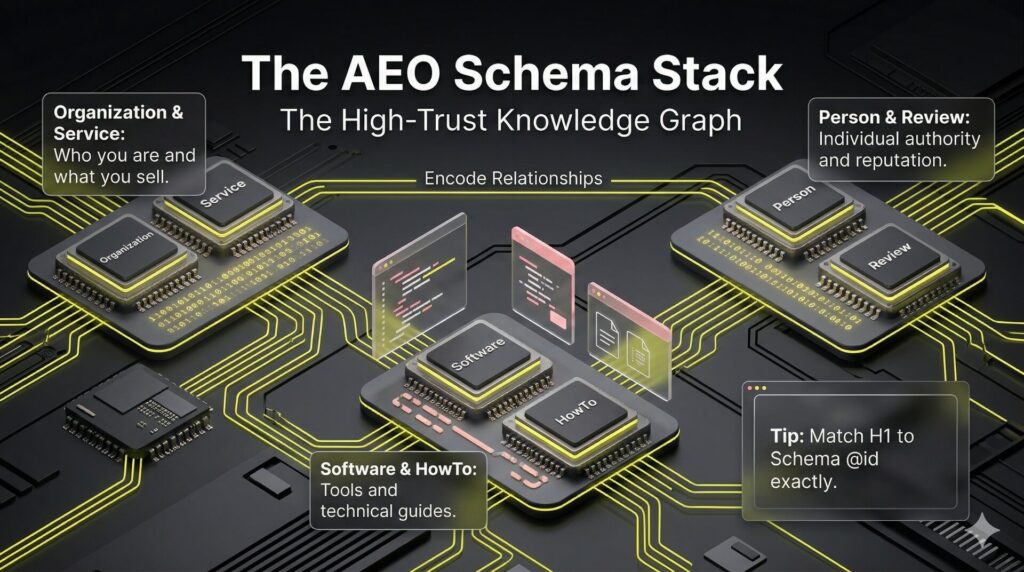 3D circuit board diagram representing a website’s schema stack, including Organization, Service, and HowTo markups.