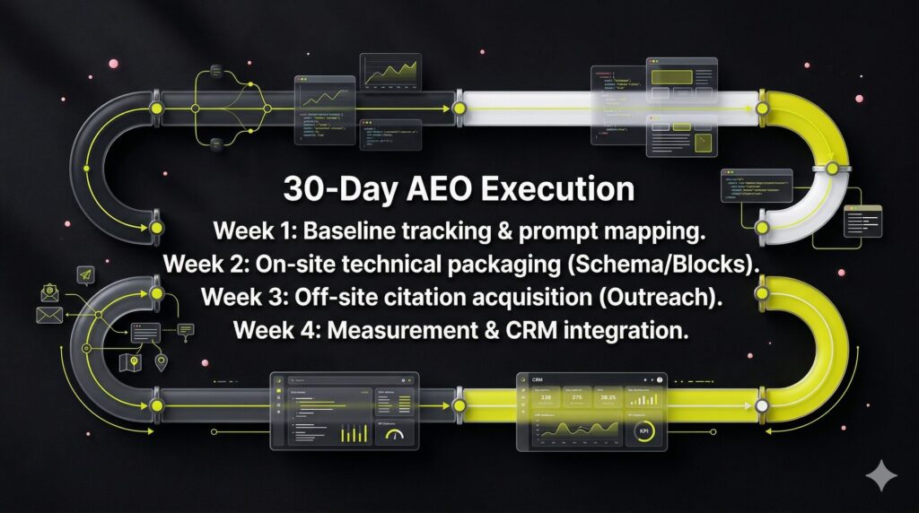 A horizontal 30-day timeline outlining four weekly phases of an AI answer engine optimization sprint.