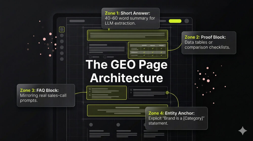 Website blueprint highlighting specific zones optimized for AI extraction, including short answers, proof blocks, and FAQ sections.