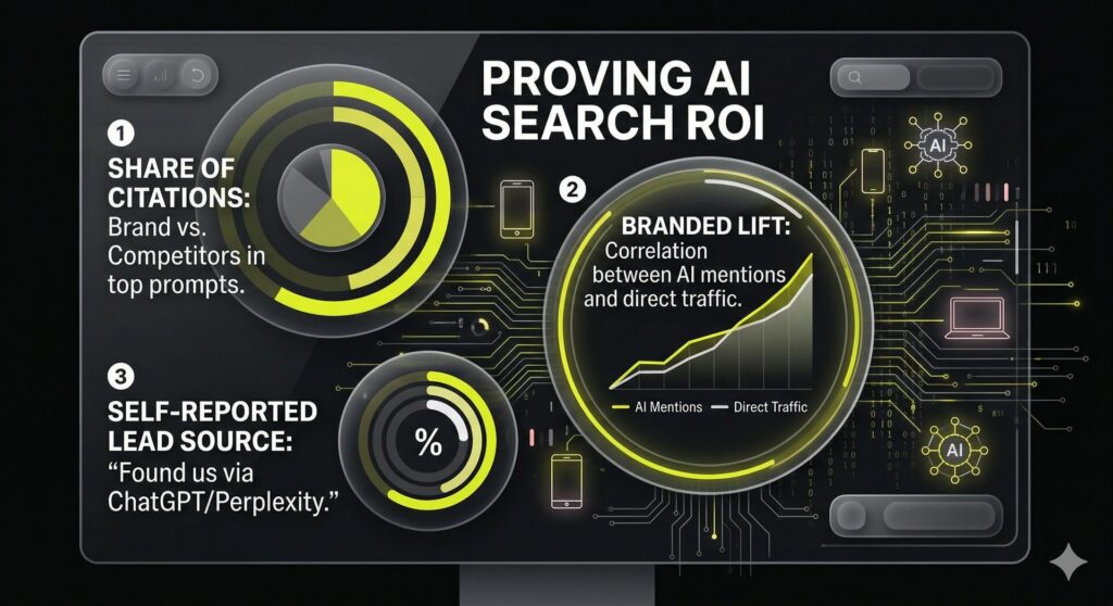 A marketing dashboard showing three KPI dials for tracking AI citation share, branded search lift, and self-reported lead sources.