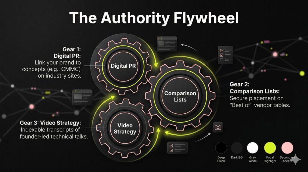 A gear-based flywheel diagram showing how digital PR, comparison lists, and video transcripts build external AI authority.