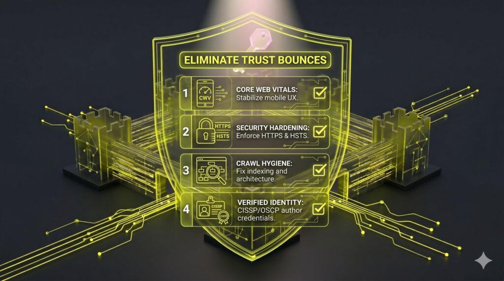 A checklist infographic inside a shield frame detailing technical SEO requirements for cybersecurity firms, including Core Web Vitals, HTTPS hardening, and CISSP author credentials.