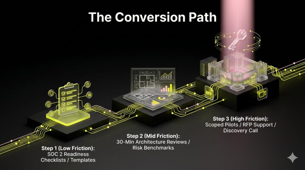 A staircase infographic illustrating a conversion path for risk-averse security buyers, moving from low-friction checklists to mid-friction reviews and high-friction RFP support.