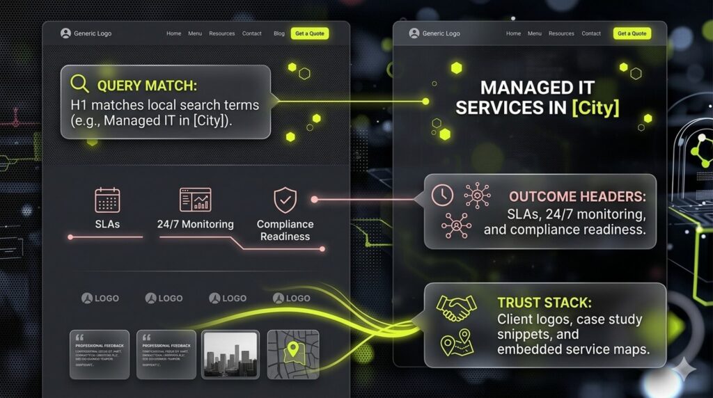 A wireframe of a local service page highlighting three core sections: Query Match, Outcome Headers, and Trust Stack.