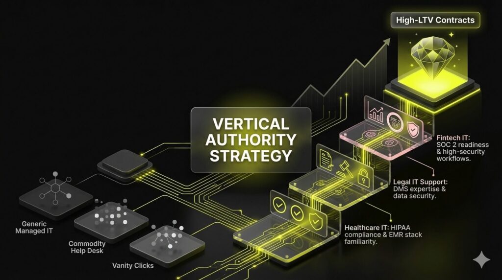 A matrix comparing generic IT terms with high-value vertical terms like Healthcare IT or Law Firm IT.