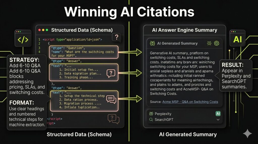 A diagram showing how structured Q&A blocks on a website are pulled into an AI Answer Engine summary.