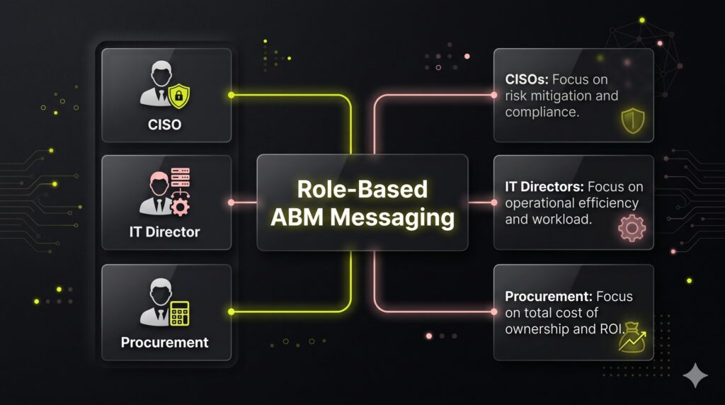 A segmented matrix connecting three distinct buyer roles to their specific cybersecurity messaging priorities.