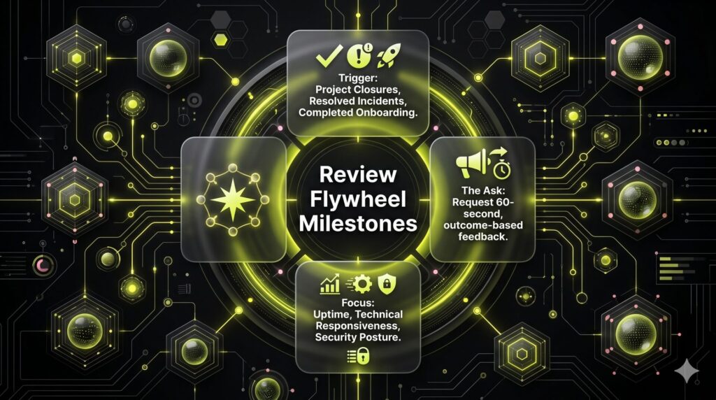 A circular flywheel diagram showing the process of requesting and utilizing reviews at key project milestones.