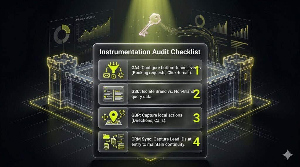 A technical audit checklist for MSP SEO. It features four segments: GA4 (bottom-funnel events), Google Search Console (non-brand queries), Google Business Profile (local actions), and CRM Sync (Lead ID continuity), each represented by a clean platform icon.