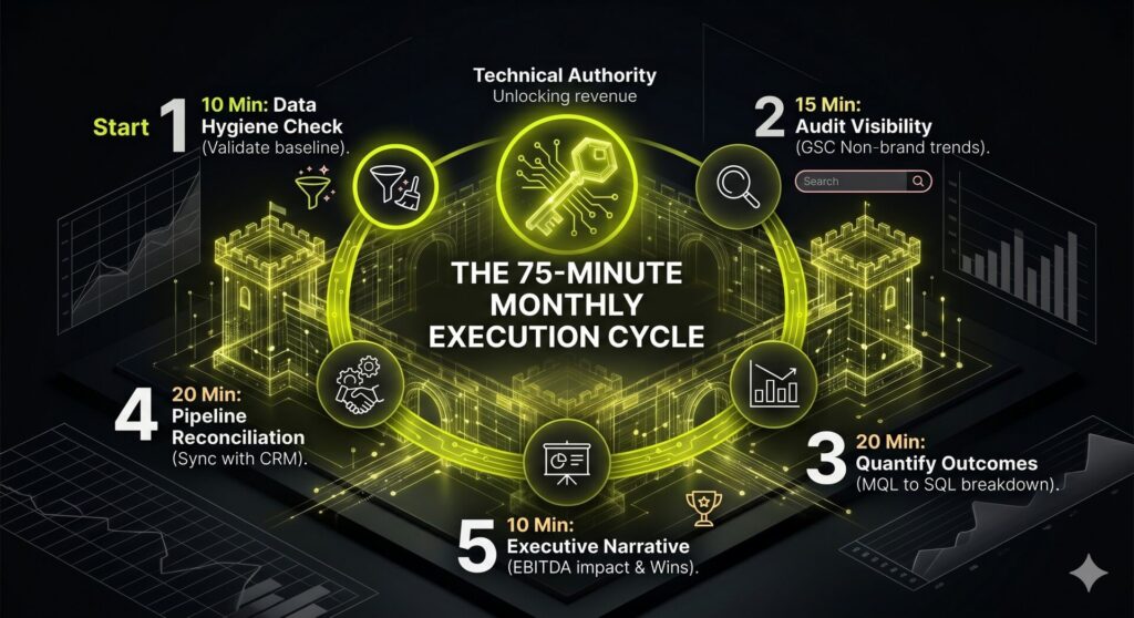 A circular process diagram labeled "75-Minute Monthly Execution." It is divided into five timed segments: 10 mins for Data Hygiene, 15 mins for Visibility Audit, 20 mins for Funnel Outcomes, 20 mins for Pipeline Reconciliation, and 10 mins for Executive Narrative.