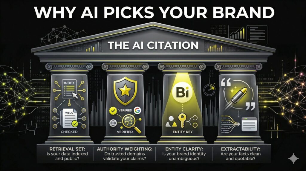 Four architectural pillars representing the technical criteria AI engines use to select and cite specific brand sources.
