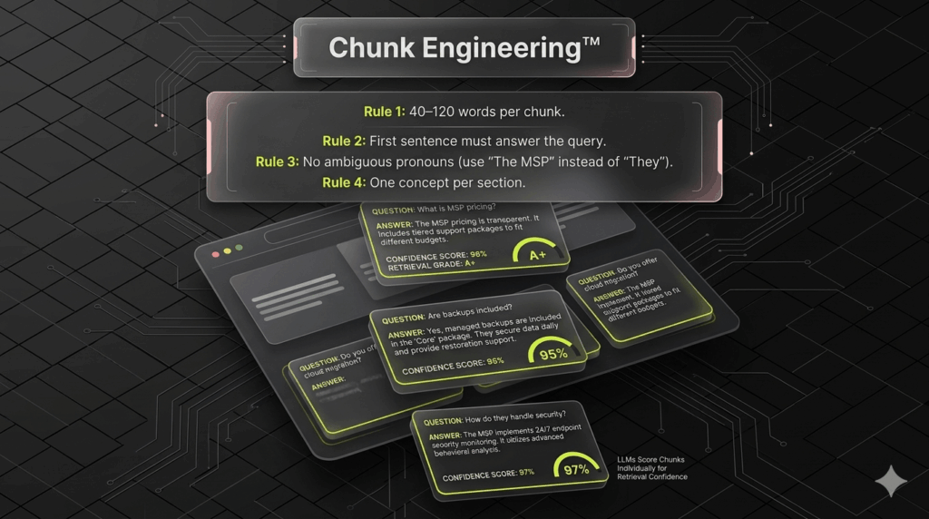 Infographic of a webpage modularizing into self-contained data chunks, highlighting the rules for LLM-friendly content blocks.