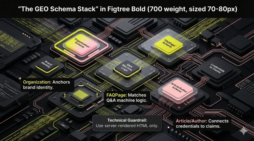 Blueprint diagram of a website’s backend highlighting the critical Schema.org types required for Generative Engine Optimization.