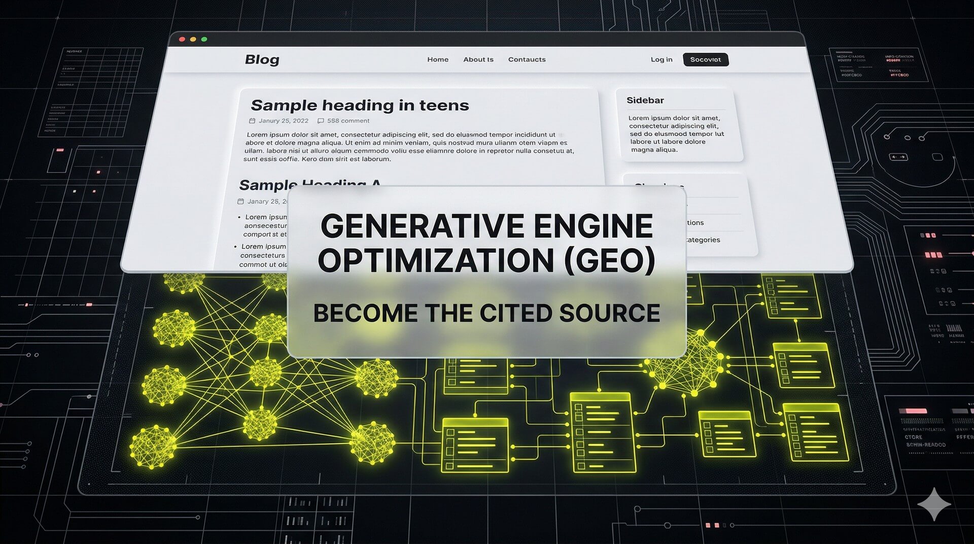 Digital X-ray of a website revealing a glowing structural skeleton of data nodes, representing content optimized for AI search engines.
