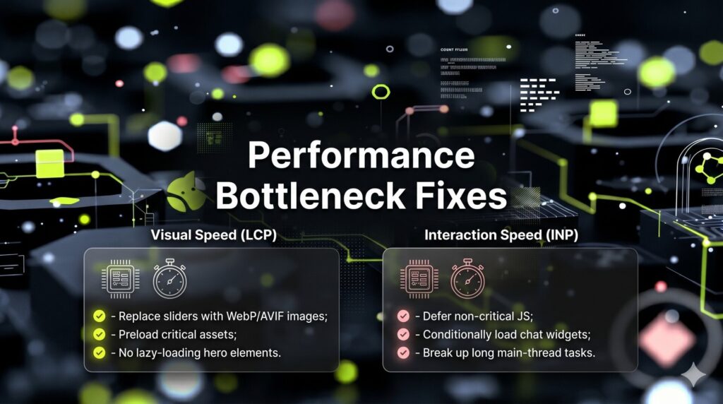 A checklist showing technical fixes for Largest Contentful Paint and Interaction to Next Paint.