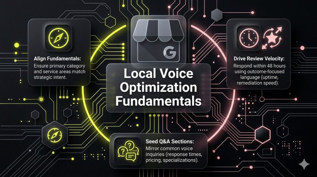 Interconnected hub diagram detailing the optimization fundamentals for a Google Business Profile.