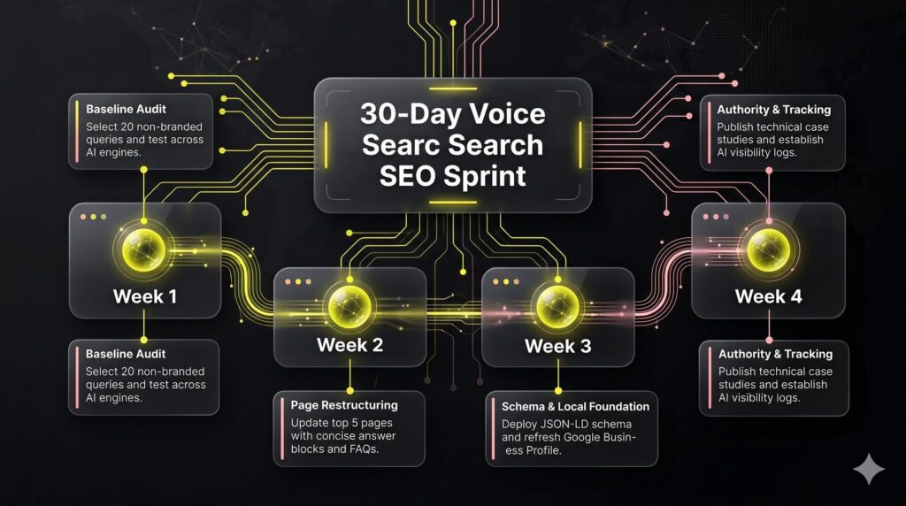 A four-week timeline graphic outlining the steps for an operational voice search SEO sprint.