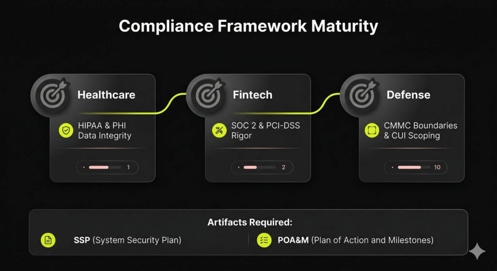 Three icons representing target markets for IT compliance—Healthcare, Fintech, and Defense—highlighting the need for framework-specific depth like HIPAA and CMMC.