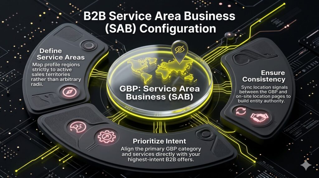Process diagram illustrating the three-step configuration checklist to optimize a Google Business Profile for B2B sales territories.