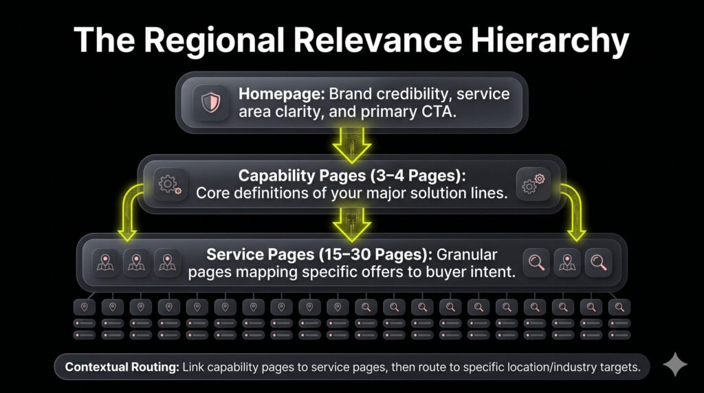 Site architecture flowchart displaying a service-first hierarchy from homepage to granular, intent-mapped service pages.