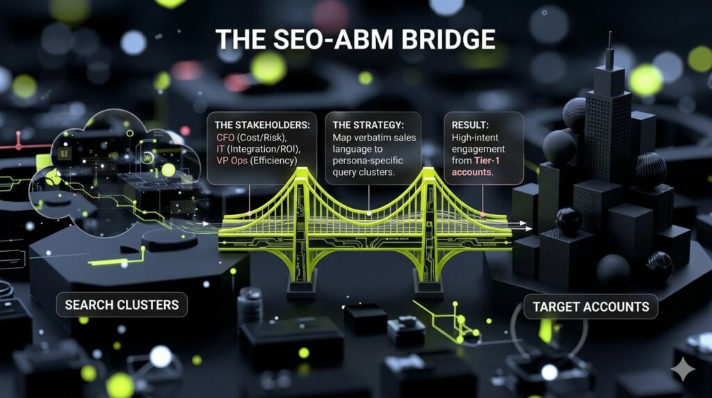 A bridge infographic showing the alignment between SEO keyword clusters and ABM target account buying committees.