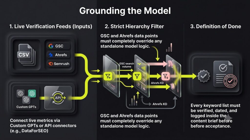 A technical data workflow flowchart mapping out inputs from GSC and Ahrefs to form a verified, grounded framework for AI data governance.
