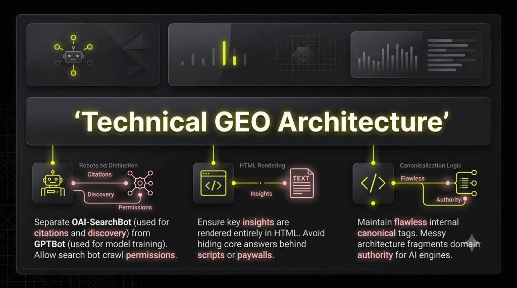 A clean structural checklist detailing the three main components of a technical AI discovery audit: robots.txt rule separation, HTML rendering, and canonical tags.