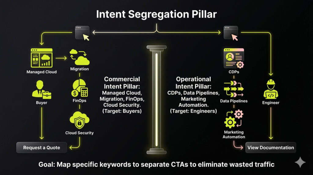 split-screen infographic separating commercial intent for managed cloud services from operational intent for infrastructure building to prevent search intent mismatch.