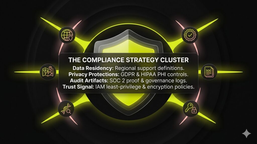 A security shield infographic detailing a compliance content cluster, covering data residency, GDPR/HIPAA controls, and SOC 2 audit artifacts.