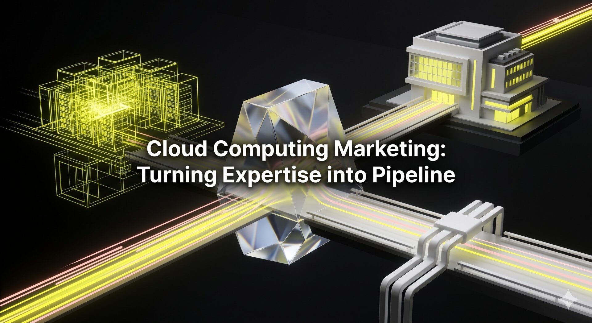 A high-end 3D visualization of a glowing blueprint transforming into a solid architectural structure across a bridge, symbolizing the transformation of technical expertise into a revenue pipeline.