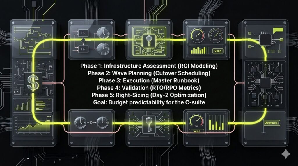 Alt Text: A process flow infographic detailing the five key deliverables of cloud migration services: infrastructure assessment, wave planning, technical execution, validation, and post-migration right-sizing.