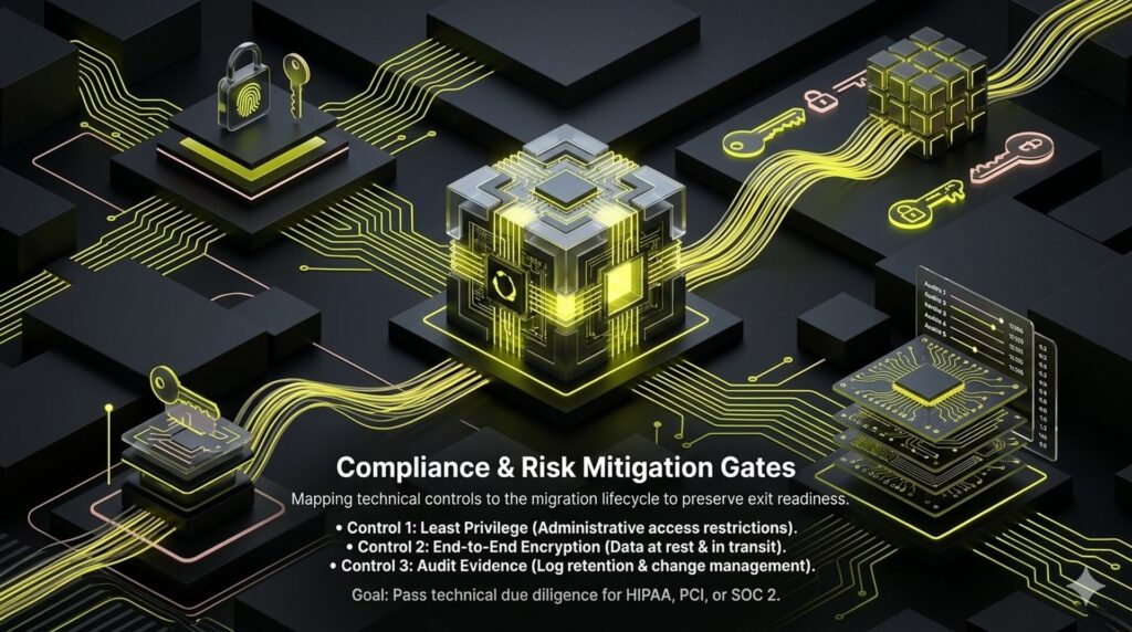 A compliance gate infographic showing technical controls like least privilege, encryption, and log retention required to maintain HIPAA and SOC 2 standards during a cloud transition.