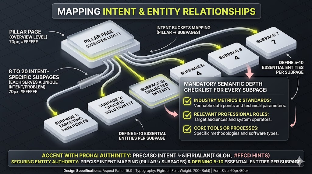A relational diagram showing a single pillar page dividing into multiple isolated intent subpages enriched with a semantic depth entity checklist.