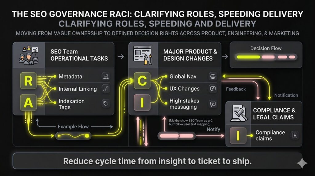 An SEO governance RACI chart showing decision rights for metadata and technical changes across marketing, product, and engineering teams.